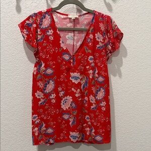 Loft Floral Red V-Neck Women's Top